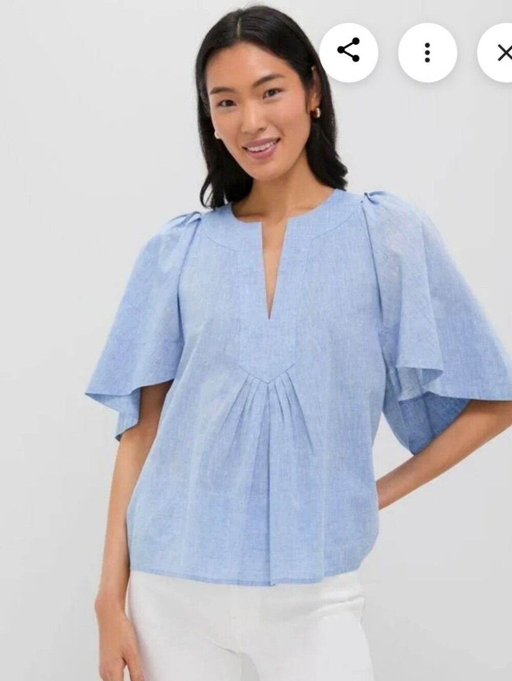 Pomander Place Finley Flutter Sleeve Top Size XS Blue V-Neck 100% Cotton